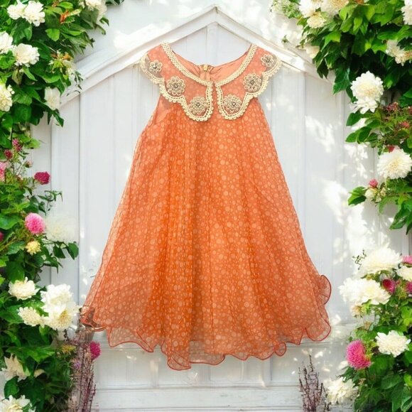 Bonnie Jean Orange Polka Dot Twirl Collar Fancy Easter Party Dress Girls Size 4 - Picture 1 of 12